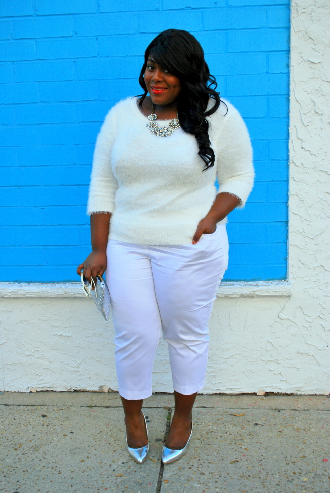 Musings of a Curvy Lady, Plus Size Fashion, Fashion Blogger, Florida, All white outfit, fuzzy sweater, metallic pumps, statement necklace