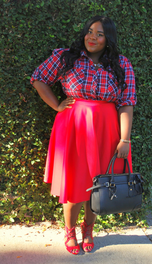 plaid outfit, plus size fashion, fashion blogger, full skirt, long hair, fall outfit 