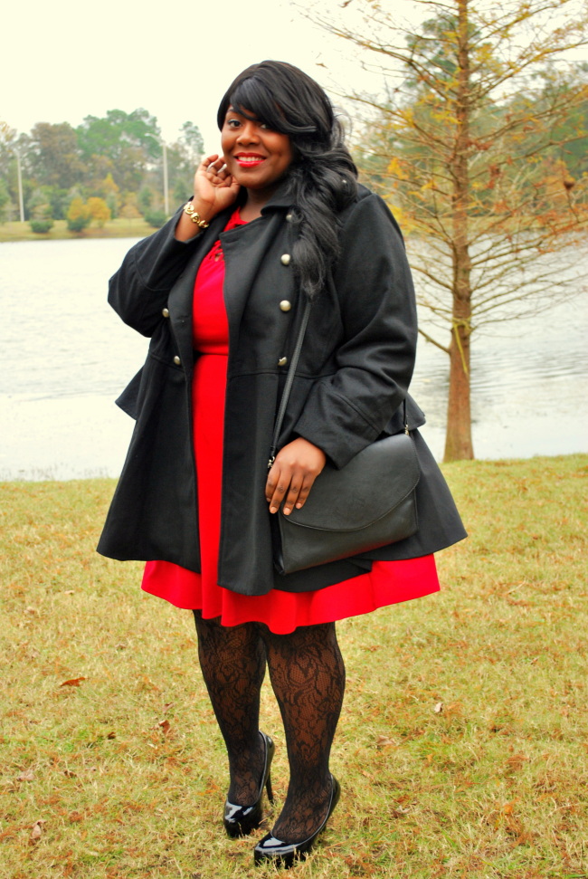 Musings of Curvy Lady, Fashion Blog, Plus Size Fashion Blogger, Military Coat, lace tights 