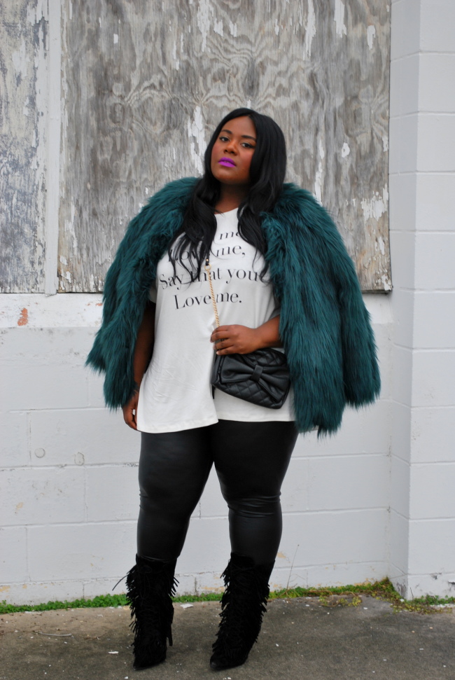 Musings of a Curvy Lady, Fashion Blogger, Fashion Blog, Plus Size Fashion Blog, Plus Size Fashion, OOTD, Ashley Stewart, Faux Fur, Simply Be, Living Dolls LA, Leather Leggings, Fringe Boots, Shoe Dazzle, Lyrics, Quilted Crossover Bag, Matte lip stick