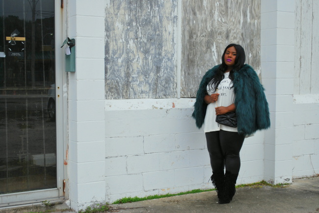 Musings of a Curvy Lady, Fashion Blogger, Fashion Blog, Plus Size Fashion Blog, Plus Size Fashion, OOTD, Ashley Stewart, Faux Fur, Simply Be, Living Dolls LA, Leather Leggings, Fringe Boots, Shoe Dazzle, Lyrics, Quilted Crossover Bag, Matte lip stick