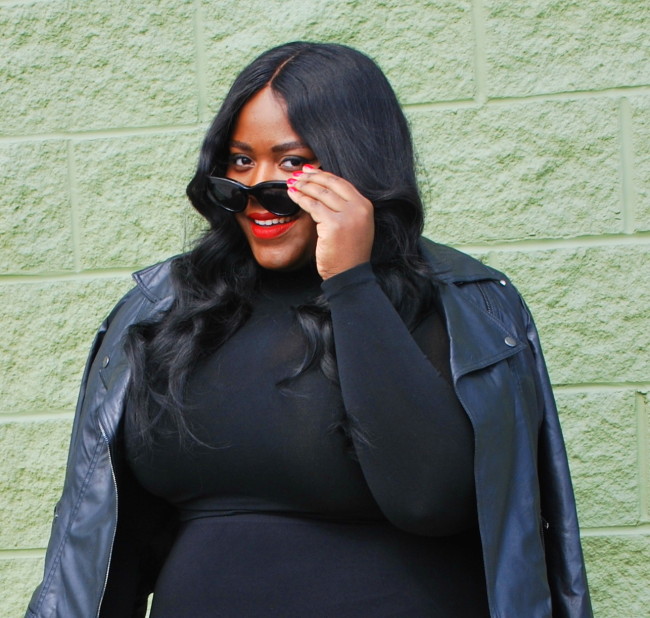 Musings of a Curvy Lady, Fashion Blogger, Plus Size Fashion, Babes and Felines, Little Black Dress, Body Con, Shapewear, All Black Outfit, Studded Moto Jacket