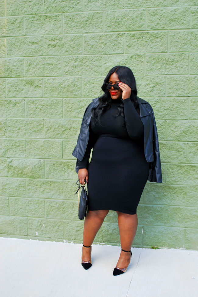Musings of a Curvy Lady, Fashion Blogger, Plus Size Fashion, Babes and Felines, Little Black Dress, Body Con, Shapewear, All Black Outfit, Studded Moto Jacket