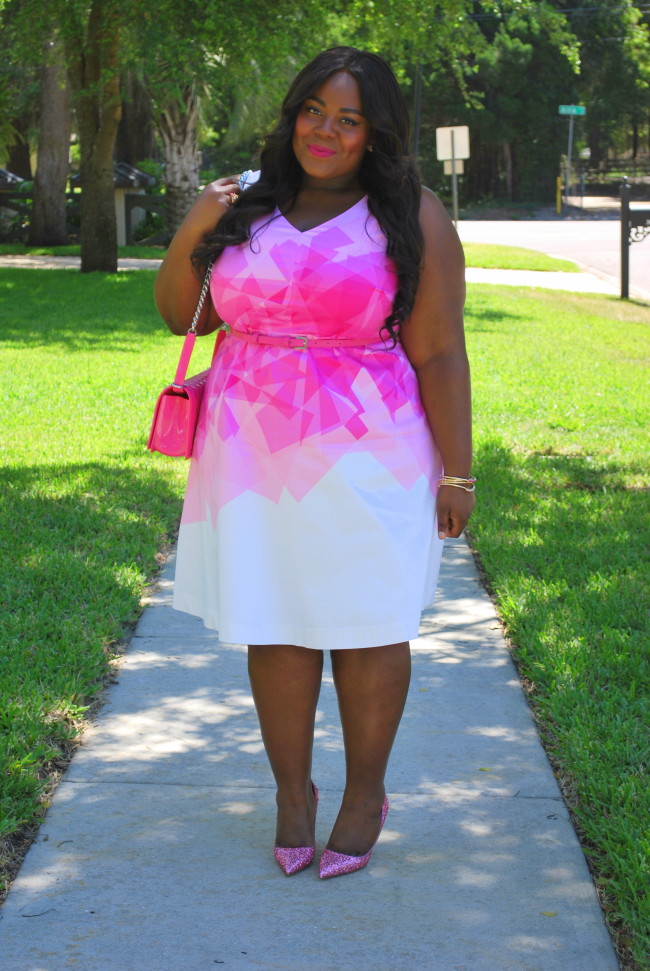 Musings of a Curvy Lady, Fashion Blogger, Curvy Style, Lela Rose for Lane Bryant, Pink, Elle Woods, Kate Spade Licorice Pumps, Glitter Pumps, Barbie Pink, Plus Size Fashion