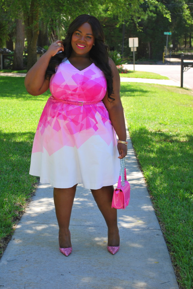 Musings of a Curvy Lady, Fashion Blogger, Curvy Style, Lela Rose for Lane Bryant, Pink, Elle Woods, Kate Spade Licorice Pumps, Glitter Pumps, Barbie Pink, Plus Size Fashion