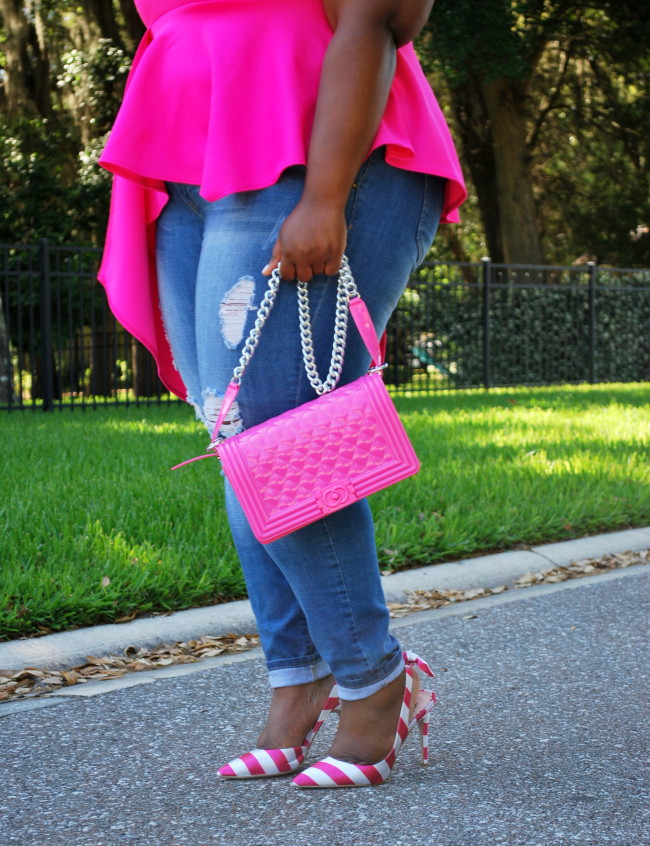 Musings of a Curvy Lady, Plus Size Fashion, Pink ClubWear, Distressed Denim, ShoeDazzle, Striped Heels, Pink Outfit, Casual Women's Outfit, Women's Fashion