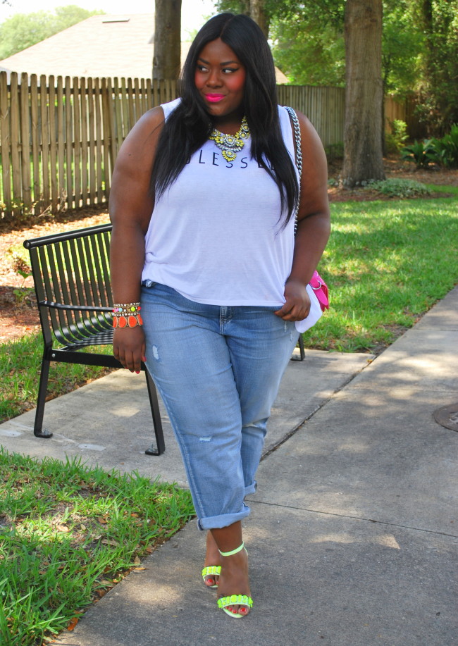 Musings of a Curvy Lady, Plus Size Fashion, Fashion Blogger, Women's Fashion, Weekend Outfit, Pink Clubwear, Blessed Graphic Tee, Neon Accessories, Too Faced Melted