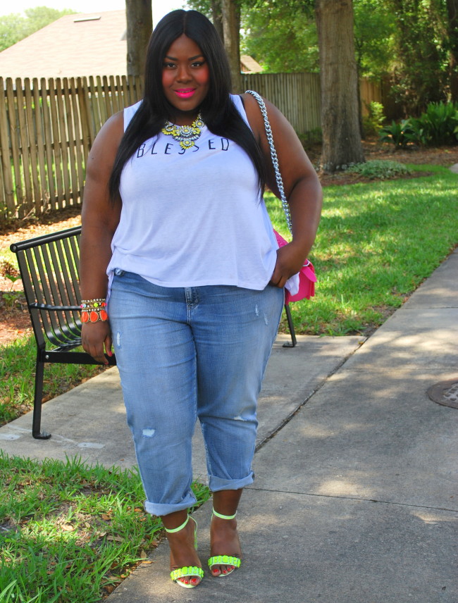 Musings of a Curvy Lady, Plus Size Fashion, Fashion Blogger, Women's Fashion, Weekend Outfit, Pink Clubwear, Blessed Graphic Tee, Neon Accessories, Too Faced Melted