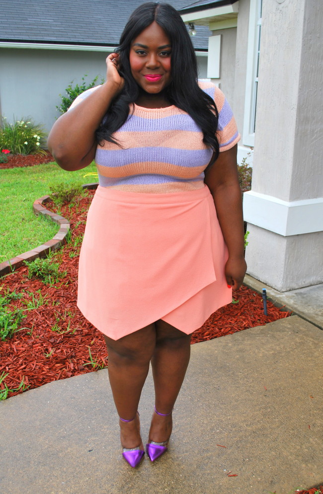 Musings of a Curvy Lady, Plus Size Fashion, Coral and Lavender, Skort, Pastels, New Look, Forever 21 Plus 