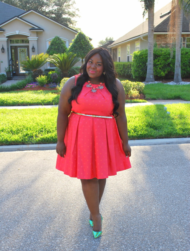 Musings of a Curvy Lady, Plus Size Fashion, Fashion Blogger, Women's Fashion, Gwynnie Bee, People Style Watch, Fit and Flare Dress, Polka dot Print dress, Sophia Webster , Sophia Webster Lola Pumps, Mint and Lolly, Statement Necklace