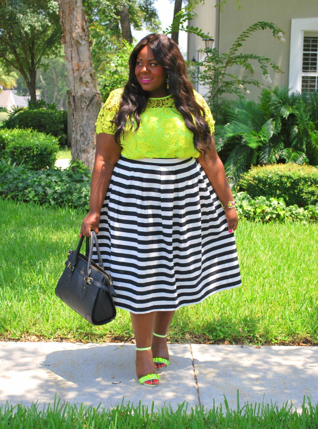 Musings of a Curvy Lady, Plus Size Fashion, Fashion Blogger, ModCloth, Eloquii, Stripes, Midi Skirt, SheInside, Neon