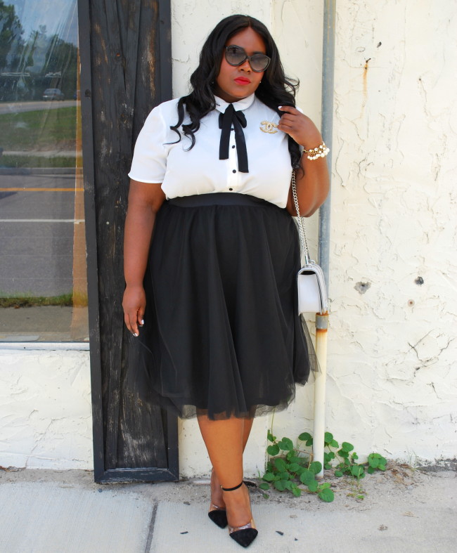 Musings of a Curvy Lady, Plus Size Fashion, Fashion Blogger, Chanel Inspired, Black and White Outfit, Rebecca Minkoff Handbag, Women's Fashion