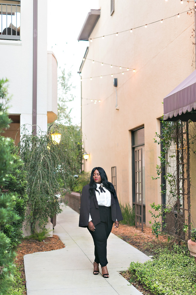 Musings of a Curvy Lady, Plus Size Fashion, Plus Size Blogger, Charlotte Russe, Charlotte Russe Plus, Charlotte It Girl, Fashion Blogger, Style Hunter, #YouGotItRight, Tuxedo Style, Menswear, Makeup Forever HD Foundation, Chanel Inspired, Caped Blazer, Black and White Outfit, Pl