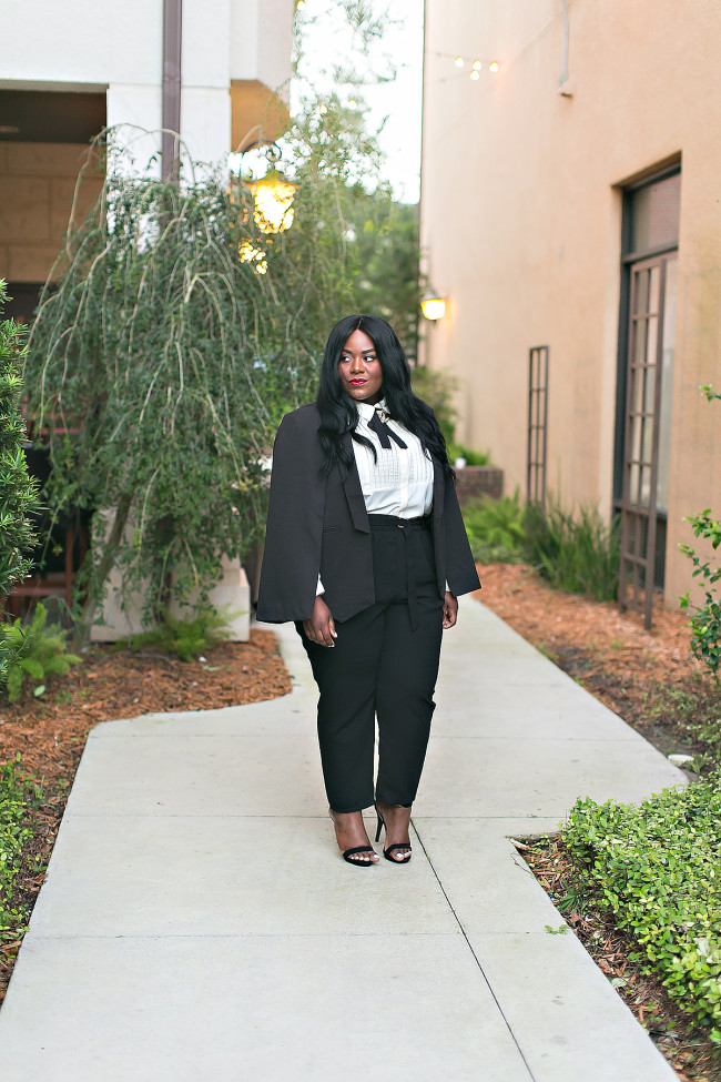 Musings of a Curvy Lady, Plus Size Fashion, Plus Size Blogger, Charlotte Russe, Charlotte Russe Plus, Charlotte It Girl, Fashion Blogger, Style Hunter, #YouGotItRight, Tuxedo Style, Menswear, Makeup Forever HD Foundation, Chanel Inspired, Caped Blazer, Black and White Outfit, Pl