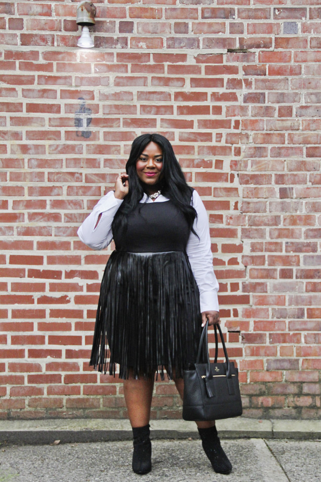 Musings of a Curvy Lady, Plus Size Fashion, Fashion Blogger, Style Hunter, RealOutfitGram, The Outfit, You Got It Right, People StyleWatch, Lane Byant, Fall Fashion,  Women's Fashion, OOTD, Black and White Outfit, Fringe Dress