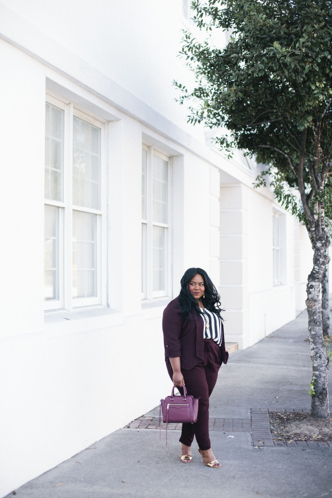 Musings of a Curvy Lady, Plus Size Fashion, Fashion Blogger, Style Hunter, You Got it Right, The Outfit, #RealOutfitGram, #MCBeautyRoadshow, Charlotte Russe Plus, Charlotte Russe, Fall Fashion, Women's Fashion, Women's Suit, Workwear, Stripes, Vampy