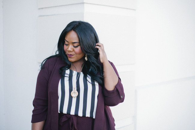 Forever 21, Musings of a Curvy Lady, Plus Size Fashion, Fashion Blogger, Style Hunter, You Got it Right, The Outfit, #RealOutfitGram, #MCBeautyRoadshow, Charlotte Russe Plus, Charlotte Russe, Fall Fashion, Women's Fashion, Women's Suit, Workwear, Stripes, Vampy
