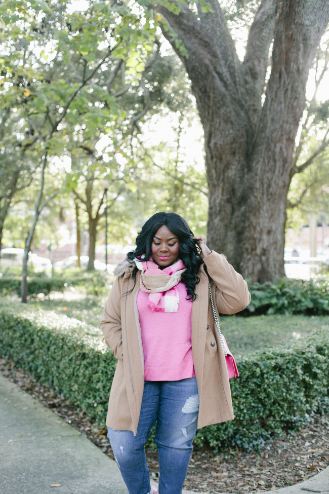 Musings of a Curvy Lady, Plus Size Fashion, Fashion Blogger, Cashmere, Lane Bryant, Pink Cashmere Sweater, 6th and Lane, Boyfriend Jeans, distressed denim, Plaid Scarf, Military Coat, Camel Coat, Women's Fashion, #PlusIsEqual, #RealOutfitGram, #MCBeautyRoadshow, OOTD, Fall Fashion, Kate Spade, Pink Glitter Pumps