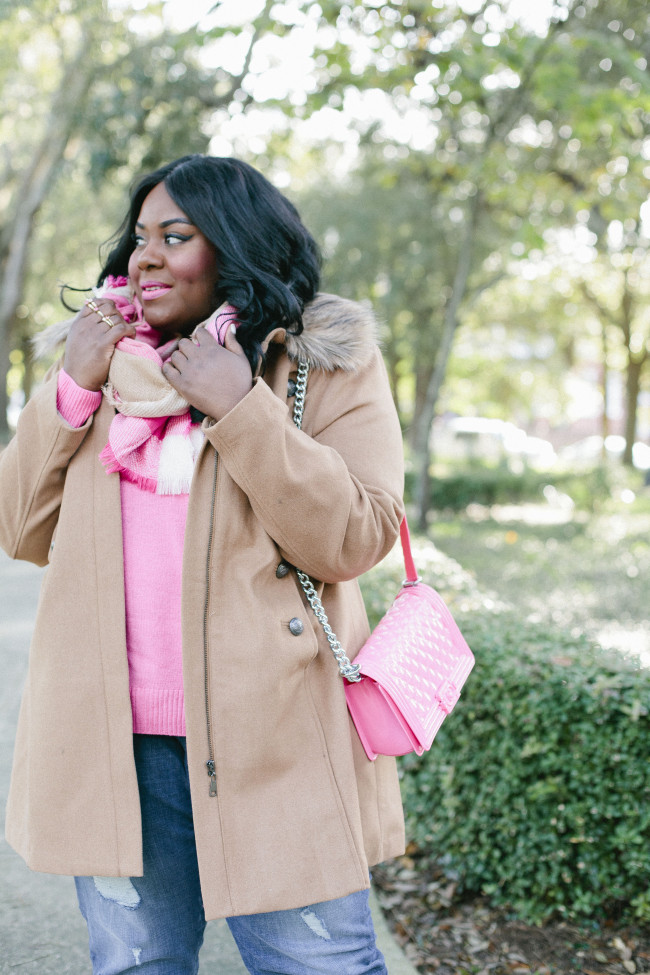 Musings of a Curvy Lady, Plus Size Fashion, Fashion Blogger, Cashmere, Lane Bryant, Pink Cashmere Sweater, 6th and Lane, Boyfriend Jeans, distressed denim, Plaid Scarf, Military Coat, Camel Coat, Women's Fashion, #PlusIsEqual, #RealOutfitGram, #MCBeautyRoadshow, OOTD, Fall Fashion, Kate Spade, Pink Glitter Pumps