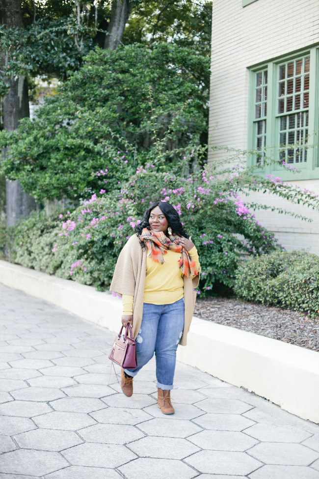 Musings of a Curvy Lady, Plus Size Fashion, Fashion Blogger, Lane Bryant, Fall Fashion, Casual Look, Plaid Scarf, Distressed BoyFriend Jeans, Old Navy, ShoeDazzle, Ankle Boots