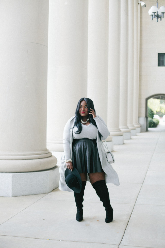Musings of a Curvy Lady, Plus Size Fashion, Fashion Blogger, Leather Skirt, Over the Knee Boots, Lane Bryant, Knits, Women's Fashion, Grey and Black Outfit, Fall Fashion, Winter Fashion, Rebecca Minkoff, ASOS, Torrid, #PlusIsEqual, Style Hunter, #RealOutfitGram, #YouGotItRight, #MCBeautyRoadshow, The Outfit