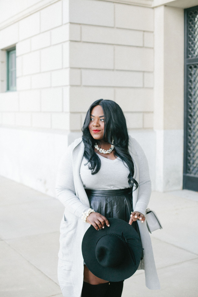 Musings of a Curvy Lady, Plus Size Fashion, Fashion Blogger, Leather Skirt, Over the Knee Boots, Lane Bryant, Knits, Women's Fashion, Grey and Black Outfit, Fall Fashion, Winter Fashion, Rebecca Minkoff, ASOS, Torrid, #PlusIsEqual, Style Hunter, #RealOutfitGram, #YouGotItRight, #MCBeautyRoadshow, The Outfit