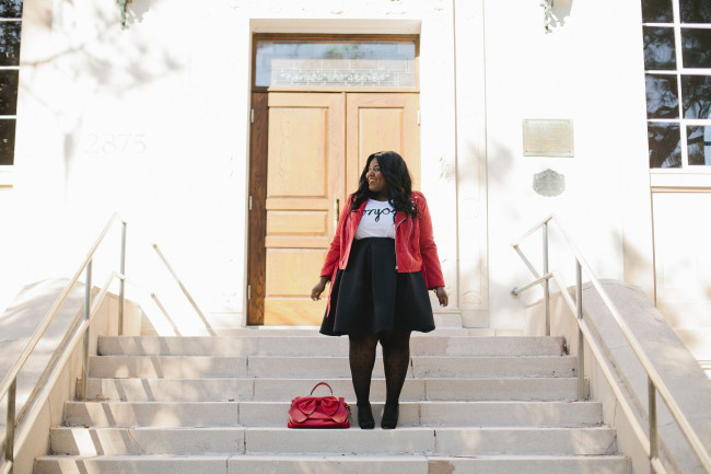 Musings of a Curvy Lady, Plus Size Fashion, Fashion Blogger, Full Skirt, FullBeauty, Red Moto Jacket, Suede Jacket, Polka Dot tights, Mary Janes, Crown Vintage, Red Bow, Full Black Skirt, Pleated Skirt, Women's Fashion, #OWNYOURCURVES, #REALOUTFITGRAM, Style Hunter, StyleWatch Magazine