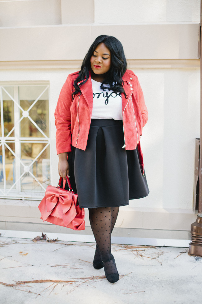 Musings of a Curvy Lady, Plus Size Fashion, Fashion Blogger, Full Skirt, FullBeauty, Red Moto Jacket, Suede Jacket, Polka Dot tights, Mary Janes, Crown Vintage, Red Bow, Full Black Skirt, Pleated Skirt, Women's Fashion, #OWNYOURCURVES, #REALOUTFITGRAM, Style Hunter, StyleWatch Magazine