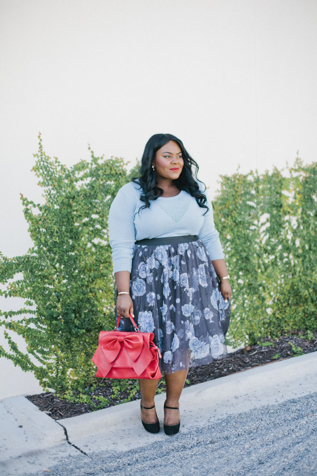 Musings of a Curvy Lady, Plus Size Fashion, Fashion Blogger, Women's Fashion, Torrid, FullBeauty, Blue Sweater, Floral Skirt, Mary Janes, Vintage Inspired, Style Hunter, #OWNYOURCURVES, #REALOUTFITGRAM, #MCBeautyRoadShow