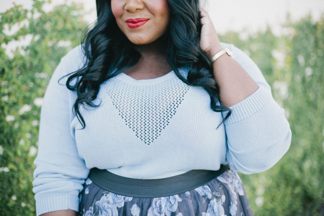 Musings of a Curvy Lady, Plus Size Fashion, Fashion Blogger, Women's Fashion, Torrid, FullBeauty, Blue Sweater, Floral Skirt, Mary Janes, Vintage Inspired, Style Hunter, #OWNYOURCURVES, #REALOUTFITGRAM, #MCBeautyRoadShow