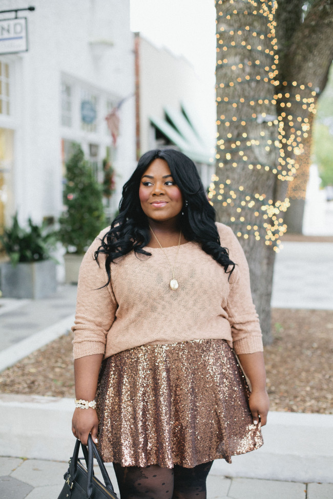 Musings of a Curvy Lady, Plus Size Fashion, Fashion Blogger, Women's Fashion, Charlotte Russe Plus, Charlotte Russe, Sequin Skater Skirt, Sequin Skirt, Gold Sequins, Polka Dot Tights, Glam Outfit, StyleWatch Magazine, Style Hunter, #REALOUTFITGRAM, #MCBeautyRoadShow