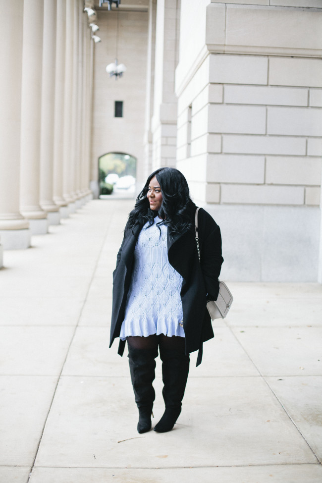 Musings of a Curvy Lady, Plus Size Fashion, Fashion Blogger, StyleWatch Magazine, Style Hunter, Pastel Winter Outfit, Women's Fashion, Winter Fashion, Sweater Dress, Over the Knee Boots, Sammy Dresses, Baby Blue Outfit, Crotchet Sweater, Eloquii, #YOUGOTITRIGHT, #REALOUTFITGRAM, The Outfit, #MCBeautyRoadshow