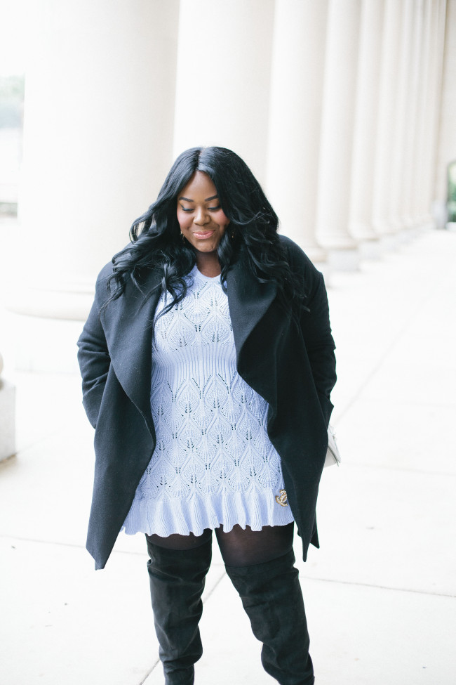 Musings of a Curvy Lady, Plus Size Fashion, Fashion Blogger, StyleWatch Magazine, Style Hunter, Pastel Winter Outfit, Women's Fashion, Winter Fashion, Sweater Dress, Over the Knee Boots, Sammy Dresses, Baby Blue Outfit, Crotchet Sweater, Eloquii, #YOUGOTITRIGHT, #REALOUTFITGRAM, The Outfit, #MCBeautyRoadshow