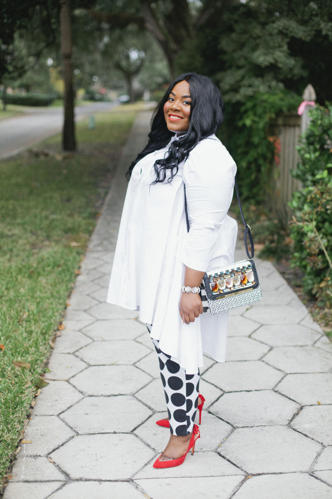 Musings of a Curvy Lady, Plus Size Fashion, Fashion Blogger, Ashley Stewart, Duster, Polka Dot Pants, Ruffled Duster, Dalmatian, Dalmatian Puppy, Jacksonville, Florida, Florida Blogger, Printed Pants, Women's Outfit, StyleWatch Magazine, The Outfit, #realOutfitGram 