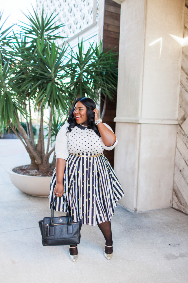 Musings of a Curvy Lady, Plus Size Fashion, Fashion Blogger, Women's Fashion, Polka Dot Skirt, Striped Skirt, Full Skirt, Box Pleated Skirt, Etsy Shop, Great Skirts by Nate, Kohl's, ELLE for Kohl's, Kate Spade Gold Sequin Mary Jane, Style Hunter, The Outfit, #RealOutfitGram
