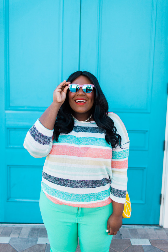 Musings of a Curvy Lady, Plus Size Fashion, Fashion Blogger, Women's Fashion, Discount Women's Fashion, It's Fashion Metro, Spring Fashion, Striped Colored Knit Top, Kate Spade Keds, Lemon Print, Style Hunter, The Outfit, #realOutfitGram
