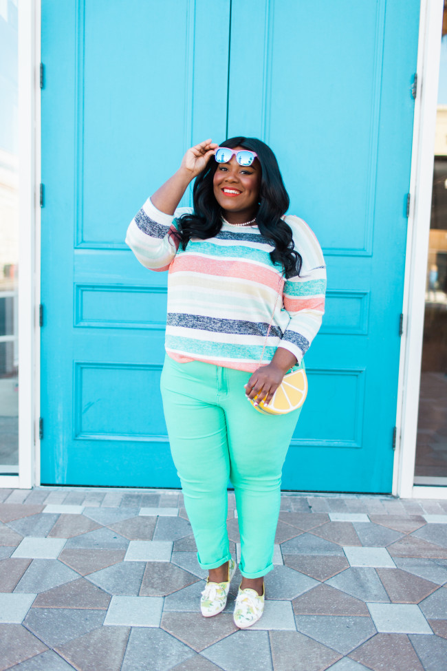 Musings of a Curvy Lady, Plus Size Fashion, Fashion Blogger, Women's Fashion, Discount Women's Fashion, It's Fashion Metro, Spring Fashion, Striped Colored Knit Top, Kate Spade Keds, Lemon Print, Style Hunter, The Outfit, #realOutfitGram