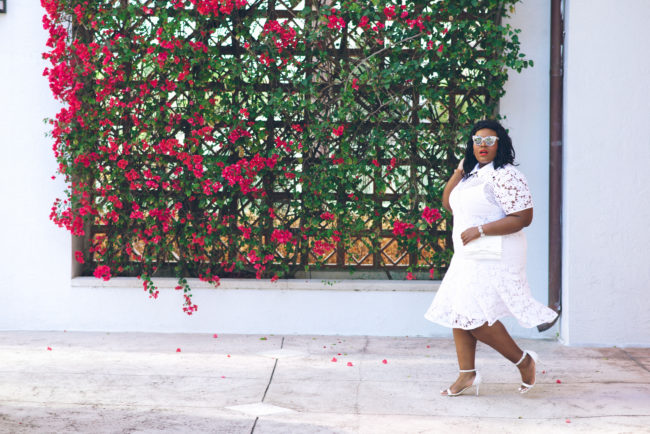 Musings of a Curvy Lady, Plus Size Fashion, Fashion Blogger, OOTD, Style Hunter, The Outfit, StyleWatch Magazine, Eloquii, White Lace Dress, Spring Fashion, Sam Edelman, Kate Spade, Bow Purse, Bougainvillea, Florida, Jacksonville, Miami, Coral Gables, Orlando, Tampa 