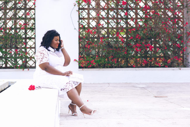 Musings of a Curvy Lady, Plus Size Fashion, Fashion Blogger, OOTD, Style Hunter, The Outfit, StyleWatch Magazine, Eloquii, White Lace Dress, Spring Fashion, Sam Edelman, Kate Spade, Bow Purse, Bougainvillea, Florida, Jacksonville, Miami, Coral Gables, Orlando, Tampa 
