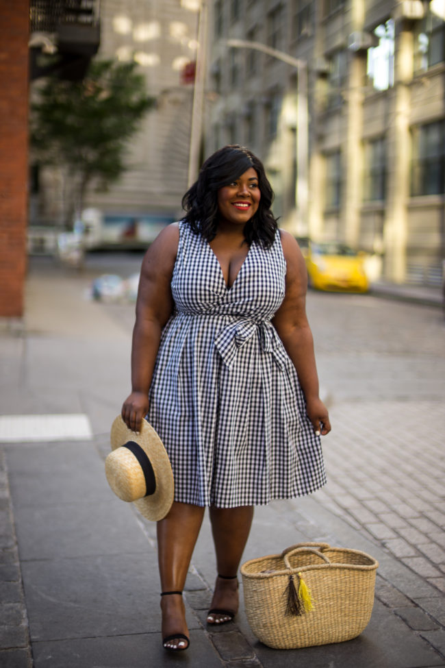 Musings of a Curvy Lady, Plus Size Fashion, Fashion Blogger, Style Blogger, Eloquii, XOQ, Gingham Print Dress, Boater Hat, Straw Hat, Straw Tote, Manhattan Bridge, Brooklyn, New York, Jacksonville, Orlando, Tampa, Miami, Florida, The Outfit, Style Hunter, StyleWatch Magazine, Women's Fashion, Summer Outfit