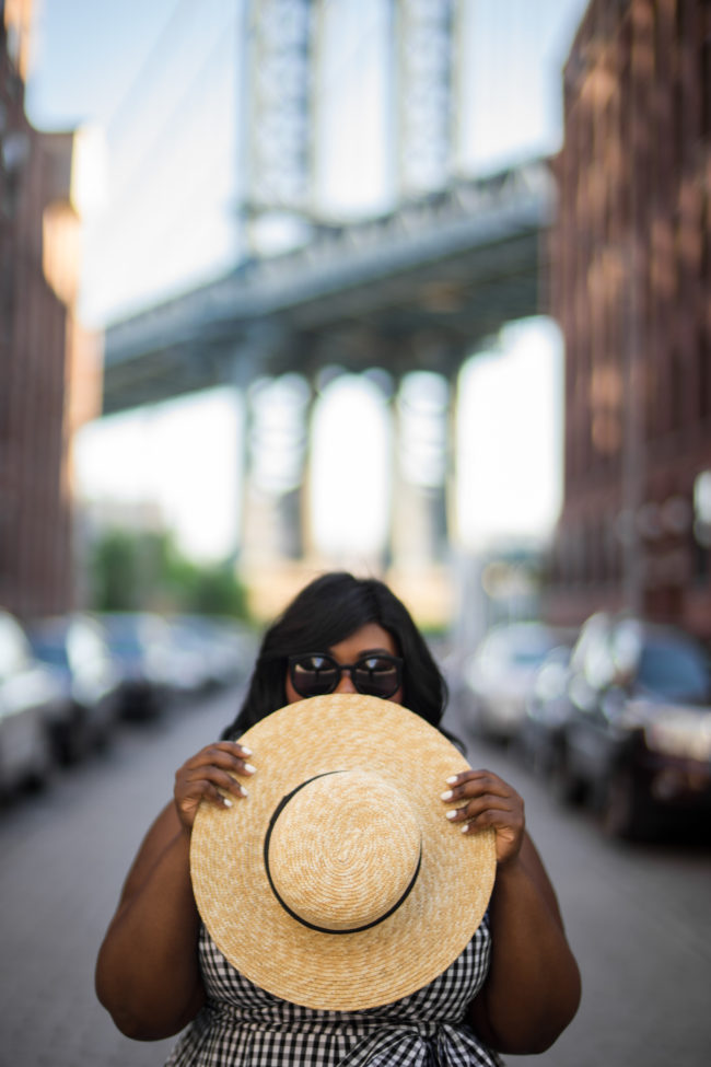 Musings of a Curvy Lady, Plus Size Fashion, Fashion Blogger, Style Blogger, Eloquii, XOQ, Gingham Print Dress, Boater Hat, Straw Hat, Straw Tote, Manhattan Bridge, Brooklyn, New York, Jacksonville, Orlando, Tampa, Miami, Florida, The Outfit, Style Hunter, StyleWatch Magazine, Women's Fashion, Summer Outfit