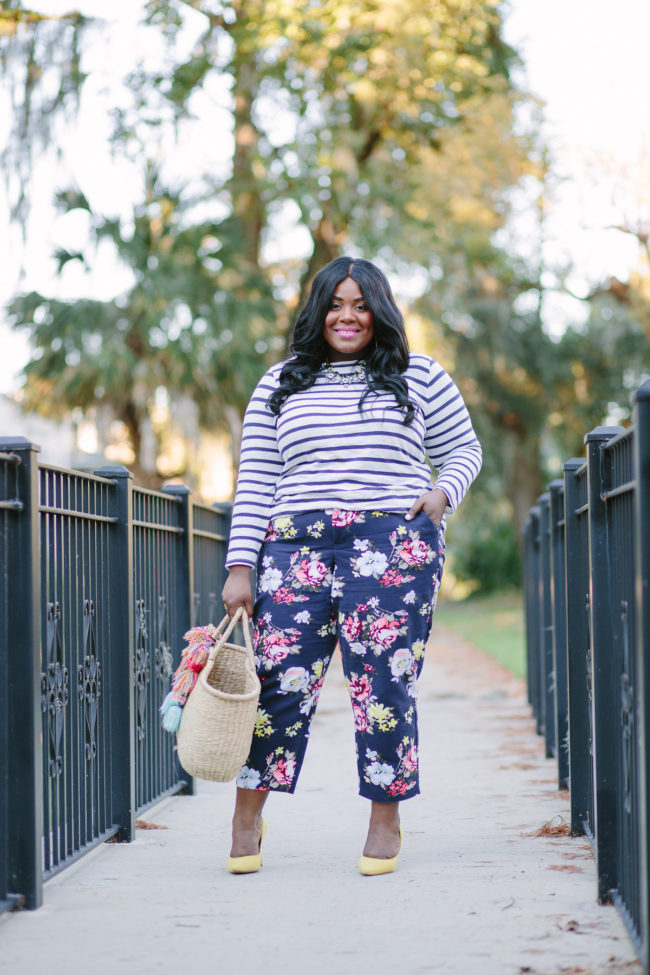 Musings of a Curvy Lady, Plus Size Fashion, Fashion Blogger, Old Navy, Old Navy Plus sizes, Floral Print Pants, Striped Tee, Nine West, Fall Fashion, Women's Fashion