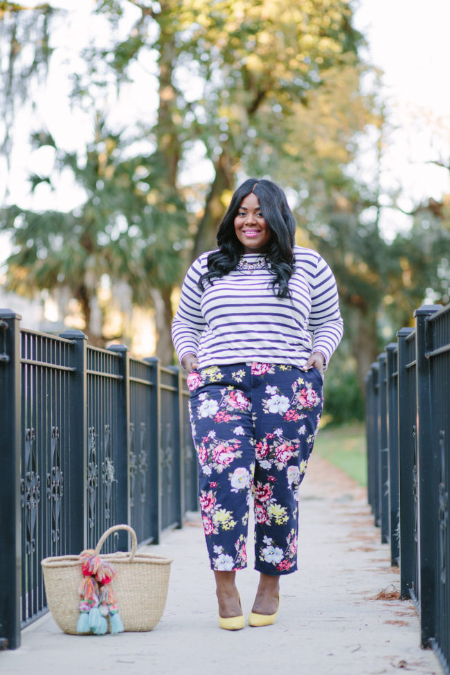 Musings of a Curvy Lady, Plus Size Fashion, Fashion Blogger, Old Navy, Old Navy Plus sizes, Floral Print Pants, Striped Tee, Nine West, Fall Fashion, Women's Fashion