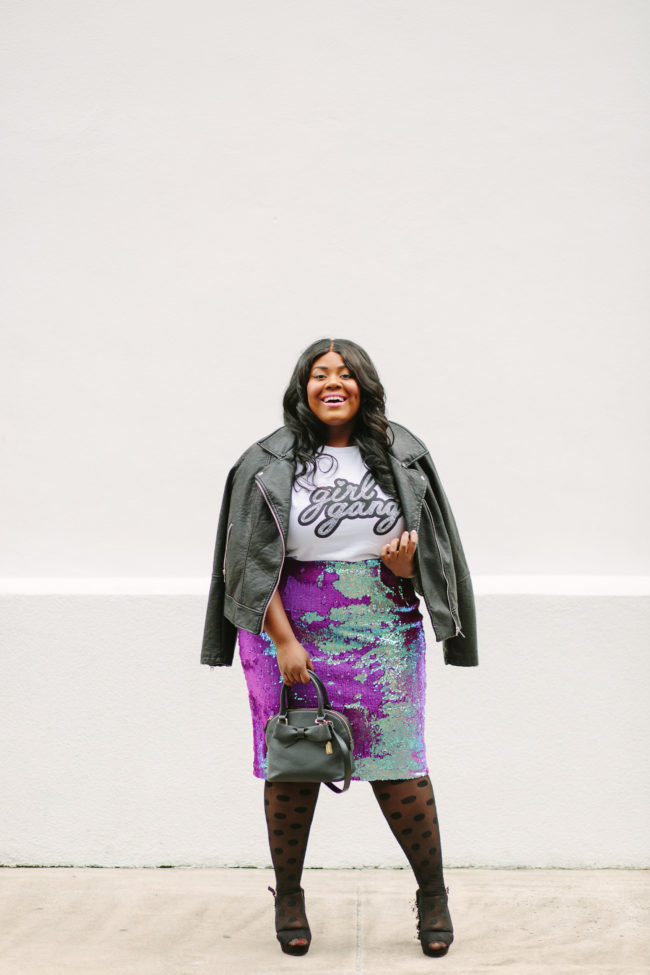 Musings of a Curvy Lady, Plus Size Fashion, Fashion Blogger, Simply Be, Sequin Skirt, Girl Gang, Graphic Tee, Polka dot tights, statement platforms