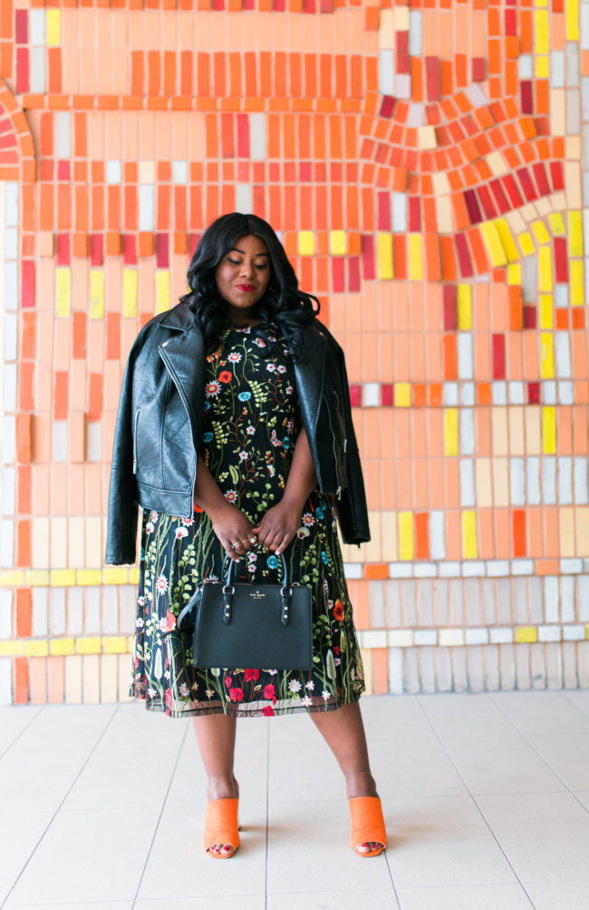Musings of a Curvy Lady, Plus Size Fashion, Fashion Blogger, Manon Baptiste, Navabi Fashion, Floral Print, Floral Embroidery, Leather Jacket and Dress, Women's Fashion, Spring Fashion