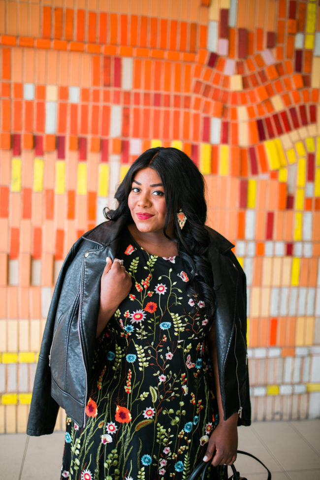 Musings of a Curvy Lady, Plus Size Fashion, Fashion Blogger, Manon Baptiste, Navabi Fashion, Floral Print, Floral Embroidery, Leather Jacket and Dress, Women's Fashion, Spring Fashion