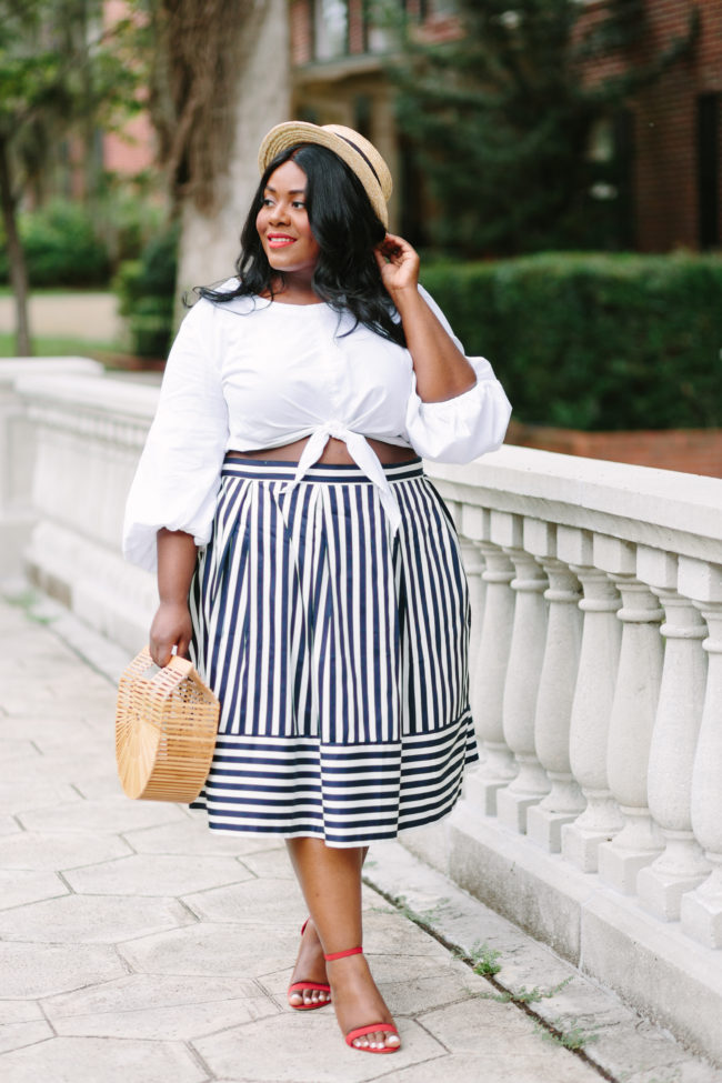 Musings of a Curvy Lady, Plus Size Fashion, Fashion, Fashion Blogger, Striped Skirt, Parisian Inspired Style, Summer Fashion, Women's Fashion, Boater Hat, Pink Peonies, Simply Be, Just Fab, Ashley Stewart, ASOS