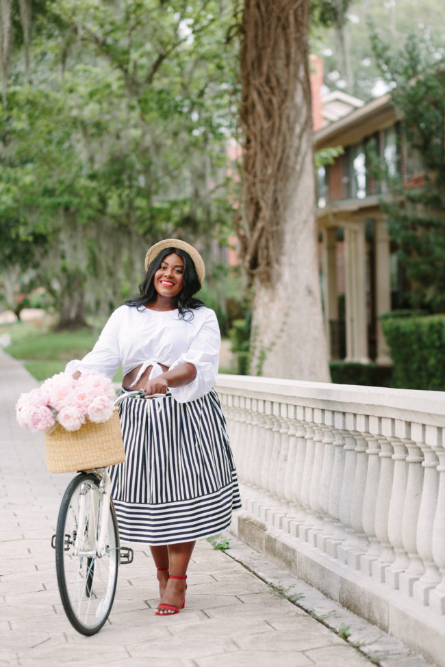 Musings of a Curvy Lady, Plus Size Fashion, Fashion, Fashion Blogger, Striped Skirt, Parisian Inspired Style, Summer Fashion, Women's Fashion, Boater Hat, Pink Peonies, Simply Be, Just Fab, Ashley Stewart, ASOS