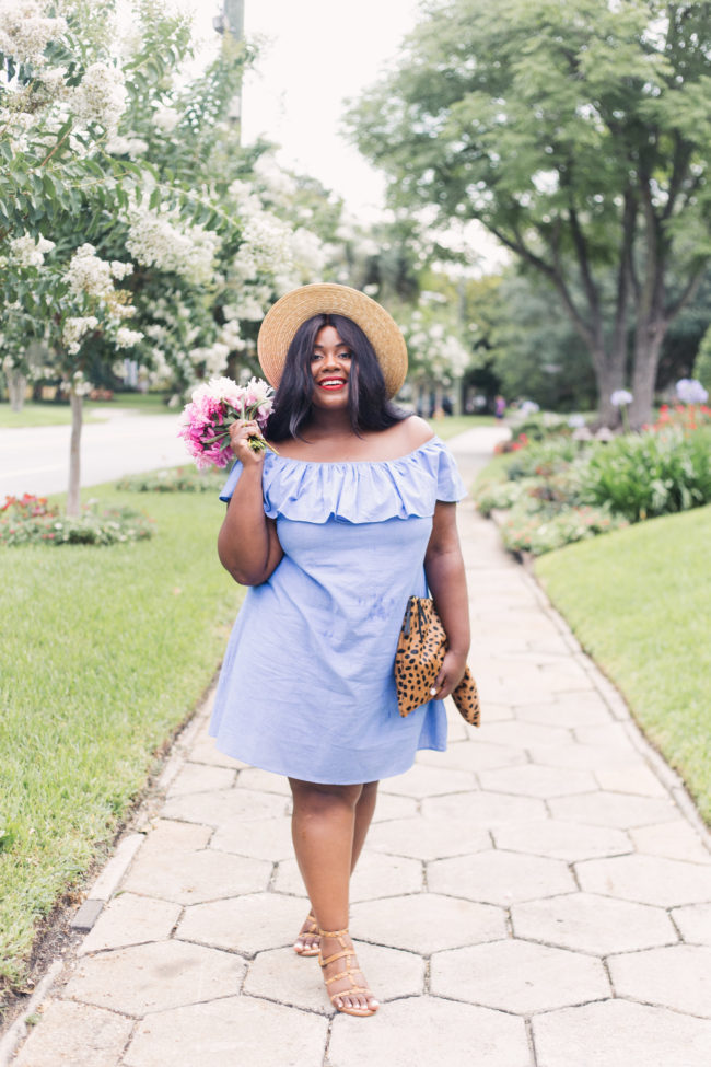 Musings of a Curvy Lady, Plus Size Fashion, Fashion Blogger, Ruffle Dress, Off the Shoulder Dress, Boater Hat, Gladiator Sandals, Simply Be
