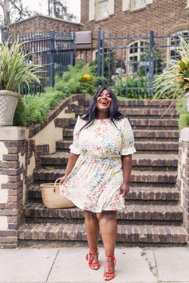 Musings of a Curvy Lady, Plus Size Fashion, Curvy Style, Summer Style, Outfit Ideas for Women, Women's Fashion, Floral Print Dress, Ruffle Dress, Tassel Sandals, Straw Tote, Stila Longwear Beso, Simply Be